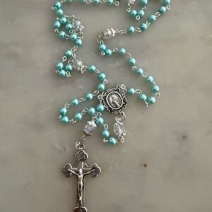 Elegant Silver and Blue Rosary Necklace